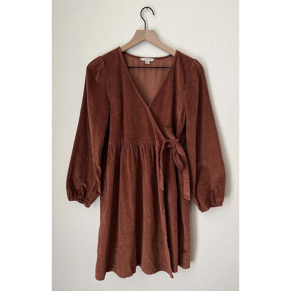 American Eagle Dress Womens Medium Brown Corduroy Wrap Fall Autumn Preppy